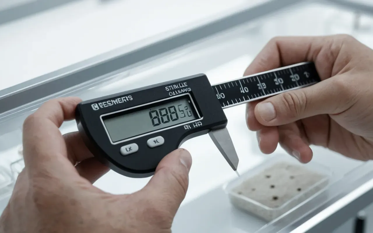polymer measurement technique Close-up of a researcher's hands adjusting a digital caliper on a small transparent polymer sample inside a clean white laboratory environment with soft diffuse lighting and blurred background equipment.