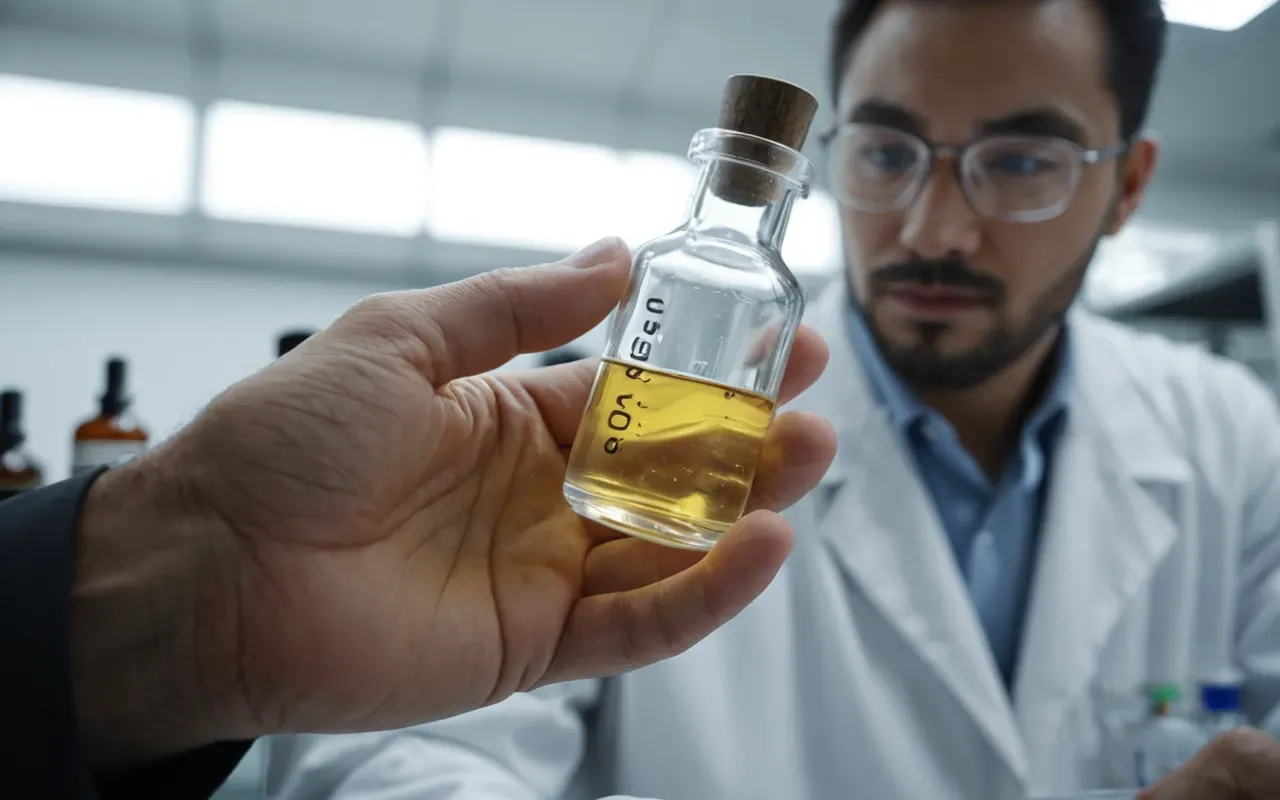 Close-up of a researcher's hands holding a glass vial with a clear liquid in a modern laboratory setting with soft diffused lighting and blurred background equipment.