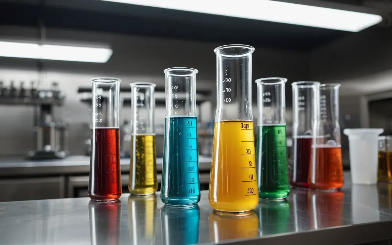 Close-up of clear glass beakers containing colorful liquid solutions arranged on a stainless steel lab bench with soft overhead lighting and shallow depth of field