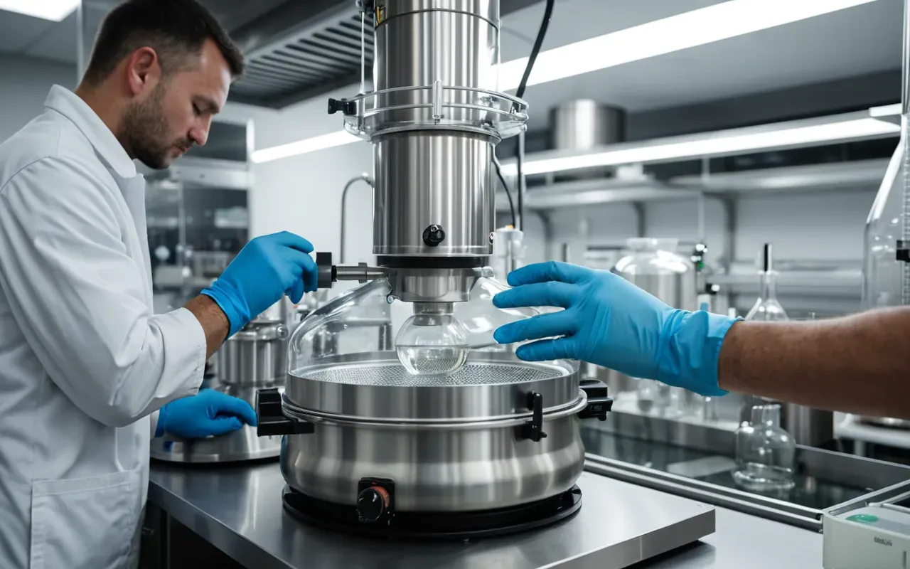 lab methodology Close-up of gloved hands adjusting a glass condenser on a rotary evaporator in a clean modern laboratory with stainless-steel shelving and soft overhead lighting