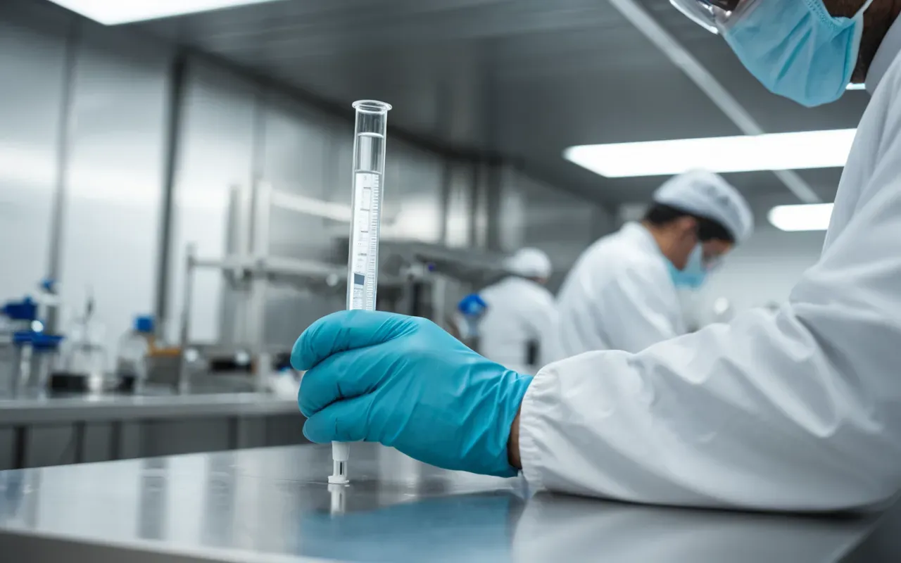 Close-up of gloved hands adjusting a glass pipette in a modern cleanroom laboratory with soft diffused lighting and stainless steel equipment in the background