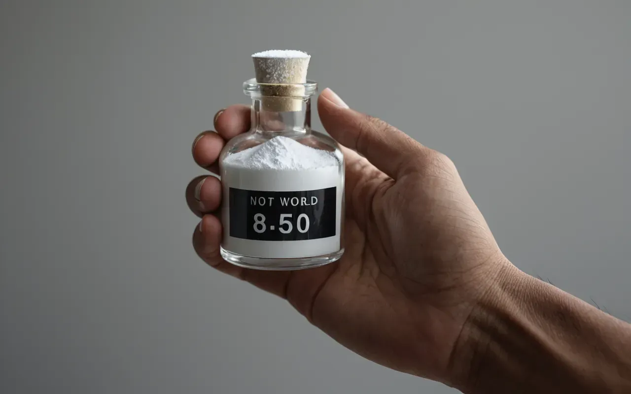 Close-up of hands holding a clear glass vial with a white powder inside against a neutral gray background with soft natural lighting.