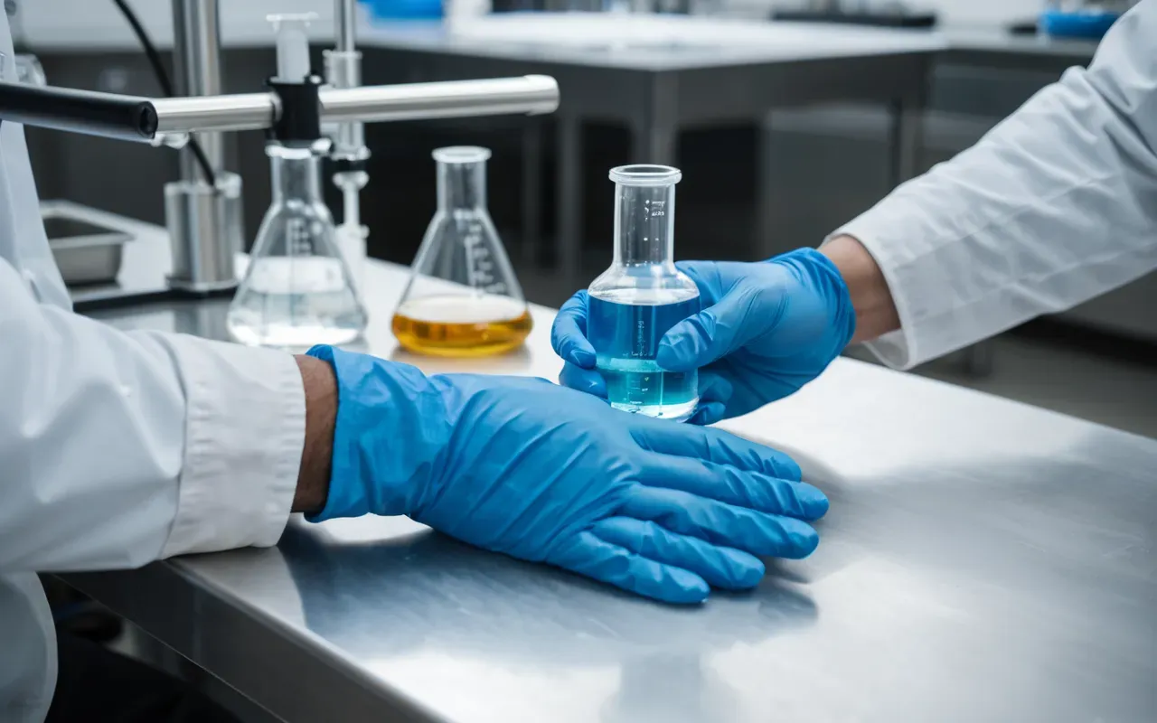 Close-up photograph of a pair of hands wearing blue nitrile gloves holding a small glass vial filled with clear liquid inside a modern laboratory bench, soft diffused overhead lighting, shallow depth of field on background equipment