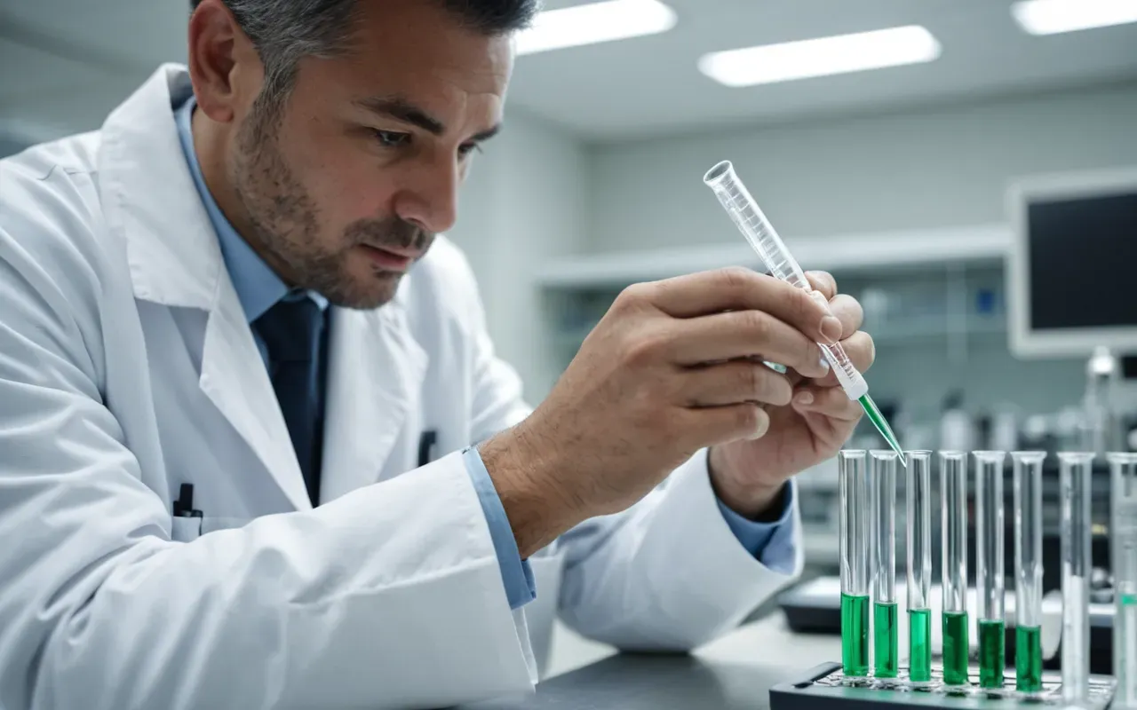 Close-up view of a scientist in a white coat adjusting a pipette tip with steady hands inside a bright modern laboratory with blurred glassware in the background.