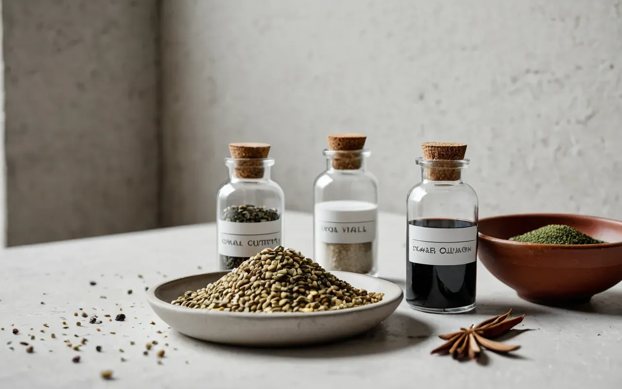 natural products chemistry Editorial still life of three glass vials containing amber liquid arranged on a white concrete surface beside a small ceramic bowl with dried botanical material, diffused soft light from the left