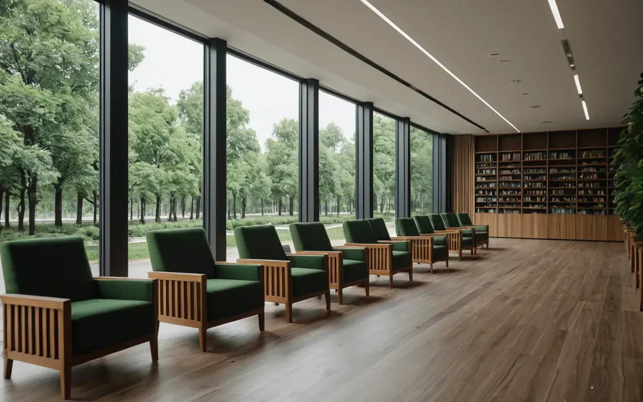 academic reading environment Interior view of a modern reading room with floor-to-ceiling windows showing green trees outside and rows of comfortable armchairs arranged around small round wooden tables in soft natural light.