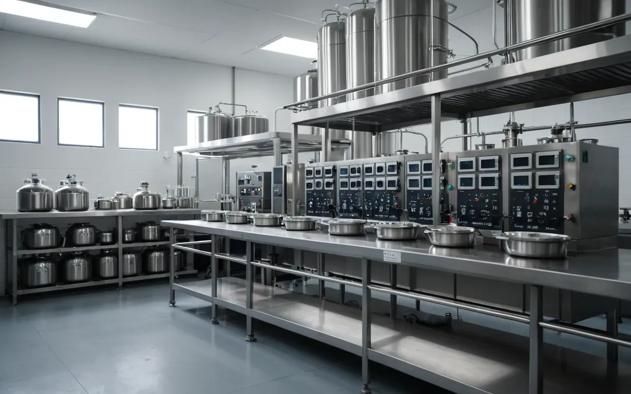 Modern industrial laboratory setting with large stainless steel reaction vessels and digital control panels in a clean sterile environment.