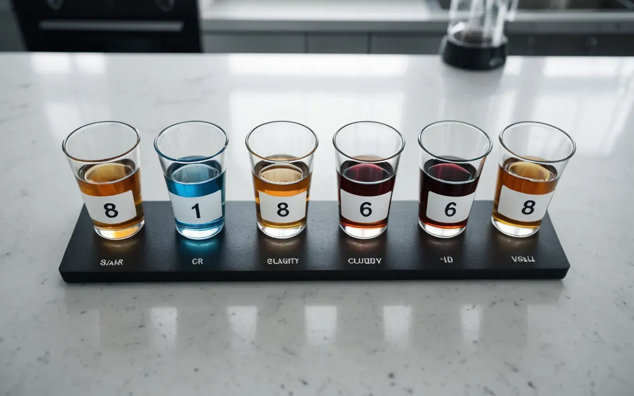lab methodology Overhead view of a modern laboratory bench with six labeled glass beakers containing solutions of varying viscosity arranged in two rows, clean white countertop, soft natural window light from the right side