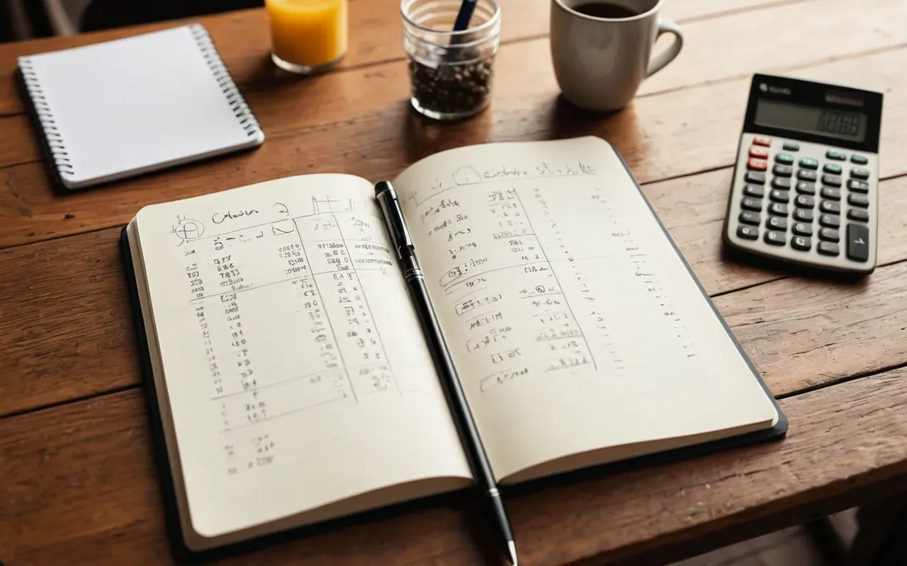 research documentation method Overhead view of an open notebook with hand-drawn chemical structures and data tables next to a calculator and pens on a wooden desk surface with warm afternoon sunlight casting soft shadows.