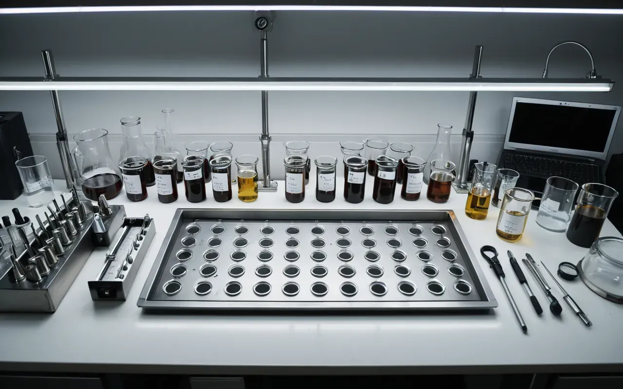 Overhead view of an organized laboratory workbench with neatly arranged glass beakers and metal instruments under clean white overhead lighting
