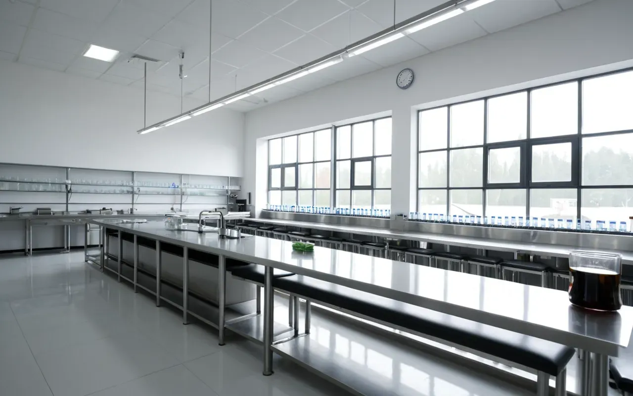 Wide interior shot of a modern research laboratory with rows of glassware on stainless steel benches, white walls, soft daylight from large windows, clean minimalist aesthetic, no people visible