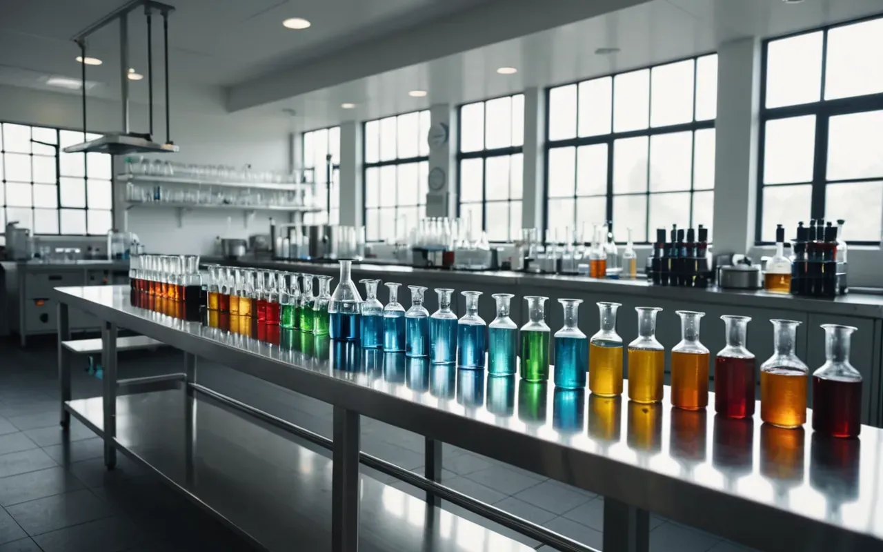 chemistry lab setup Wide shot of a modern chemistry laboratory with rows of glass flasks and beakers containing colorful liquids arranged neatly on stainless steel benches under bright overhead fluorescent lighting.