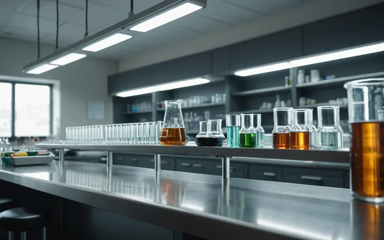 Wide shot of a modern laboratory bench with various glassware and test tubes arranged neatly under bright clinical lighting.