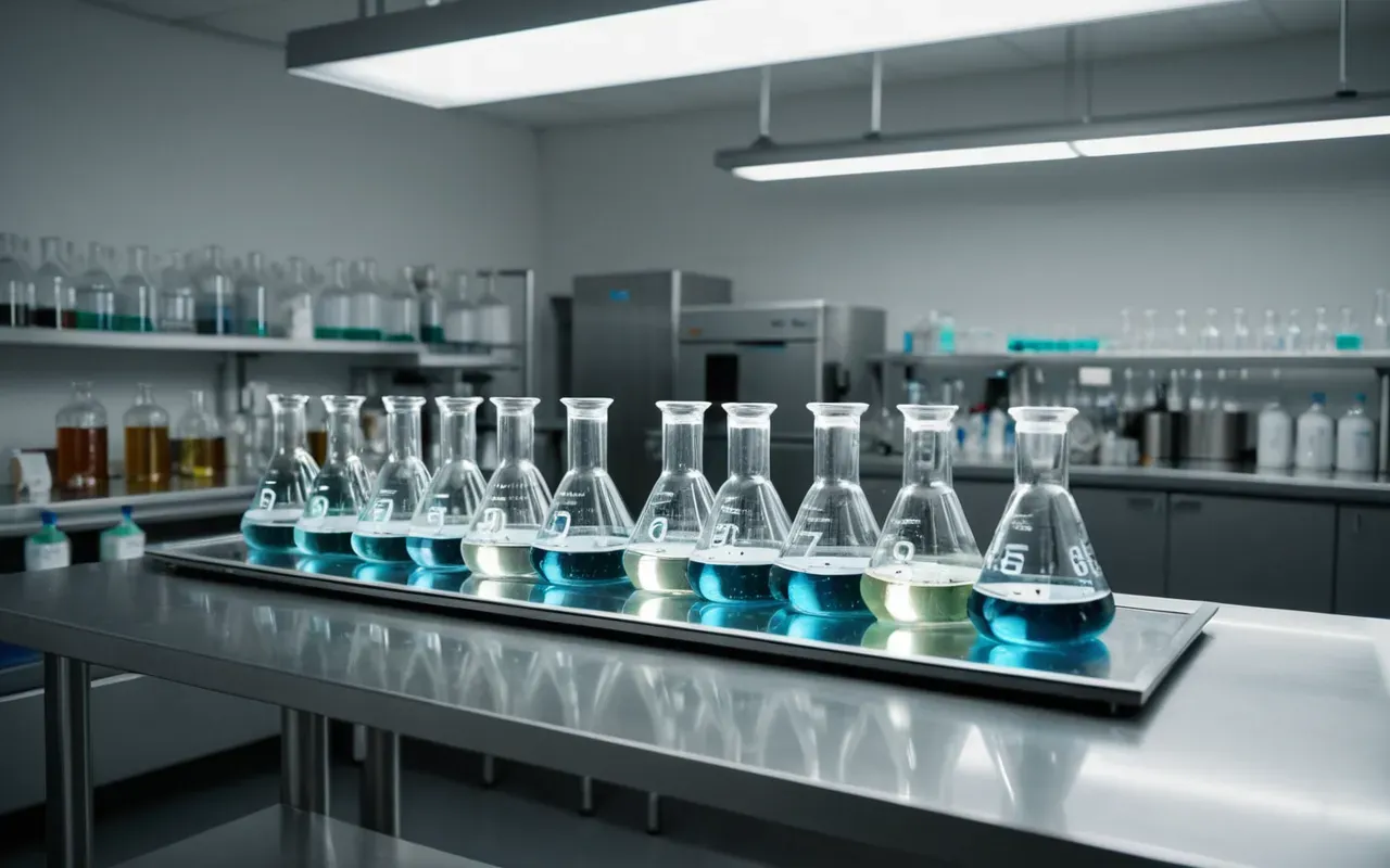 Wide shot of a modern laboratory bench with various glass beakers and flasks containing clear liquids under bright white fluorescent lighting.