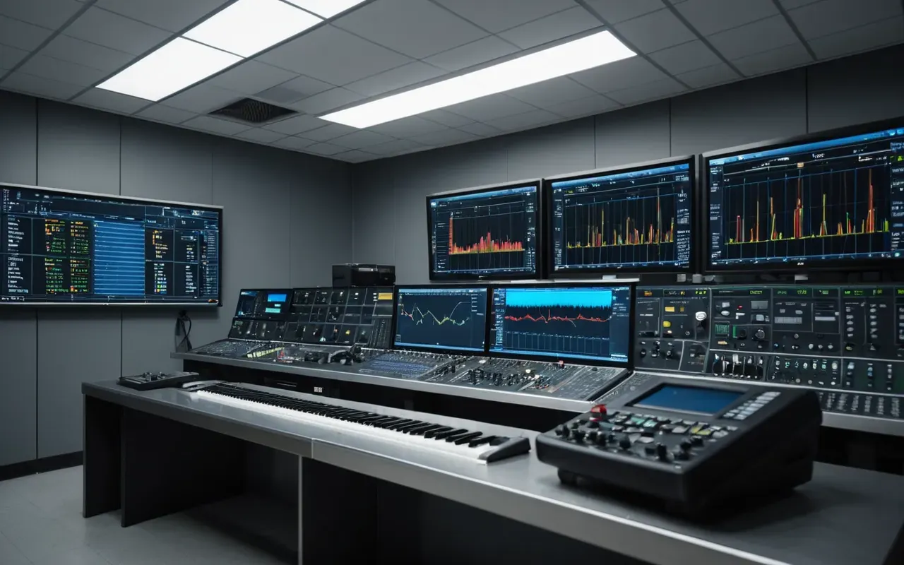 Wide shot of a modern laboratory control room with large monitors displaying colorful waveform graphs and smooth grey walls under cool artificial lighting