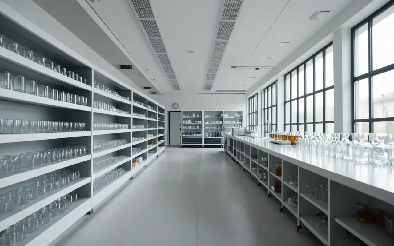 health science lab Wide shot of a modern minimalist laboratory interior with rows of glassware on white shelves, soft daylight streaming through large windows, clean neutral color palette, editorial photography style